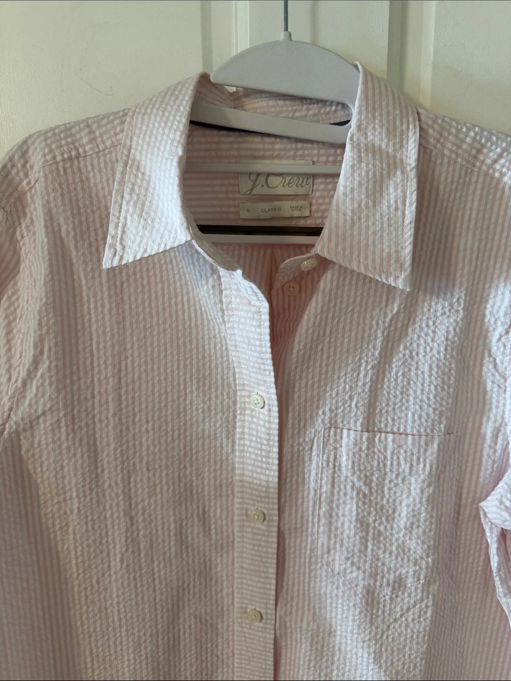J.Crew Women’s Pink Cotton Pinstripe Seersucker Button Down Preppy Size 10